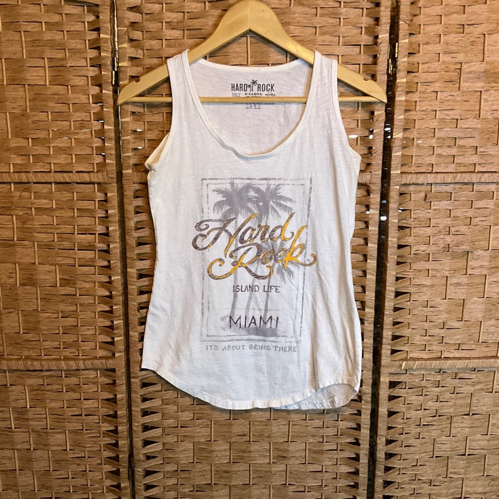 Hard Rock Miami Island Life Graphic Tank Top Women's XLarge White Palm Trees